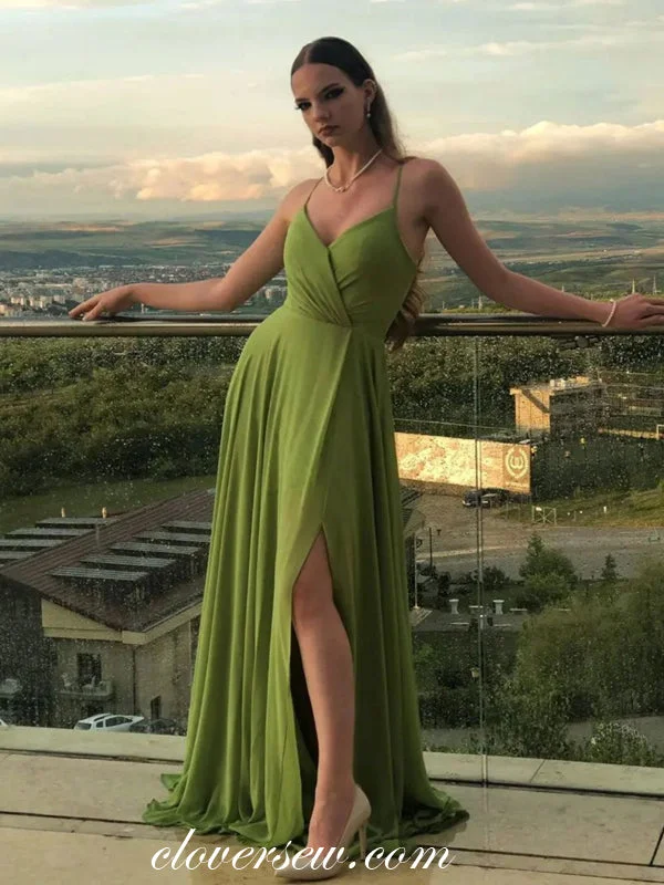 Special Discounts Inside!Green Chiffon Spaghetti Strap Side Slit Formal Dresses, CP0839