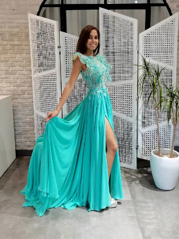 Your Shopping Wish, Our Discount Command!Green round neck chiffon lace long prom dress, lace evening dress    cg23654