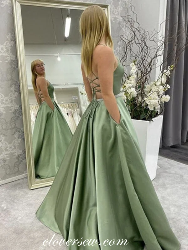 Your Discount is Waiting!Green Spaghetti Strap Lace Up Back A-line Simple Prom Dresses, CP0863