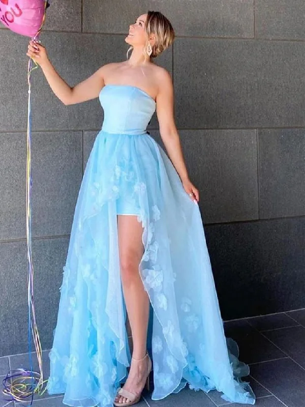 Crazy Discounts Inside!High Low Strapless Light Blue Floral Long Prom Dresses with Slit       cg23714