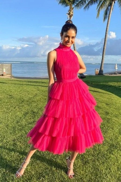 Hot Deals You Can’t Resist!High Neck Tea-length Prom Gowns with Layered Skirt