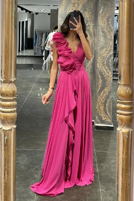 Upgrade for Less!Hot Pink Chiffon Prom Dresses with Flounced Neckline