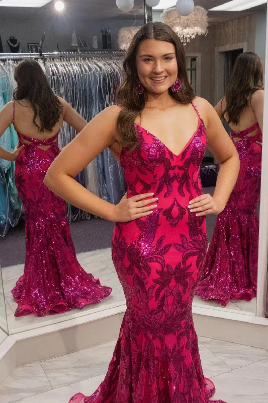 Today Only – Don’t Miss It!Hot Pink Mermaid V Neck Backless Long Prom Dress With Appliques