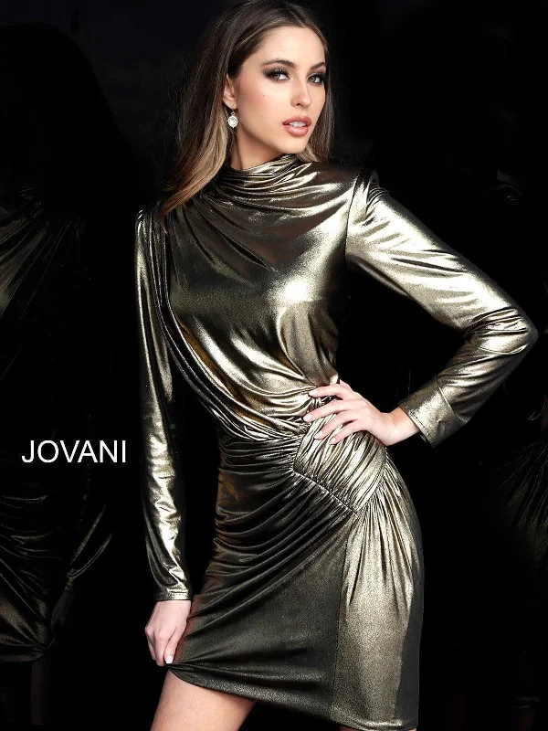 Hot Deals You Can’t Resist!Jovani M1702 Long Sleeve Metallic Short Dress