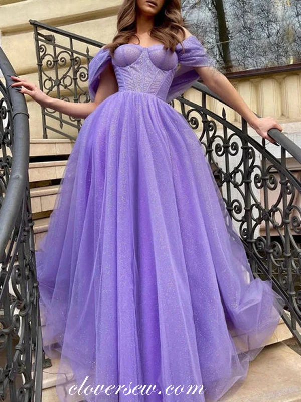 Unlock Huge Savings Now!Lavender Glitter Tulle Off The Shoulder A-line Popular Prom Dresses, CP0874