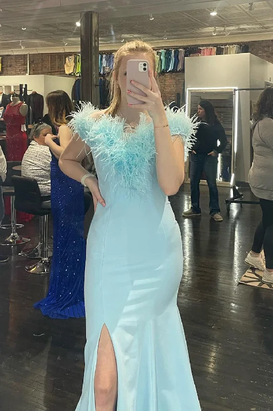 Every Deal is a Steal!Light Blue Feathered Neck Mermaid Long Prom Dress With Slit