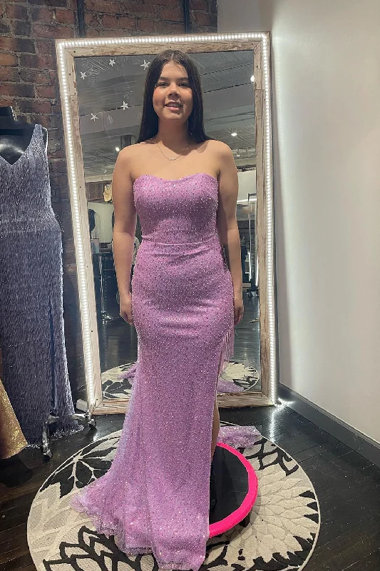Flash Deals – Act Quickly!Lilac Mermaid Long Beaded Prom Dress With Fringed Slit