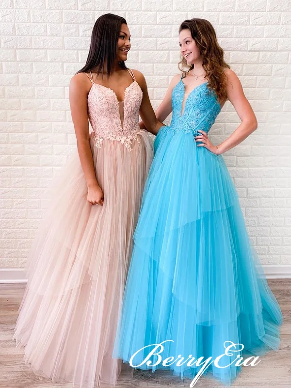 Price Drop Alert!Lovely Lace Top Tulle Long Prom Dresses, Newest Prom Dresses, Popular Prom Dresses