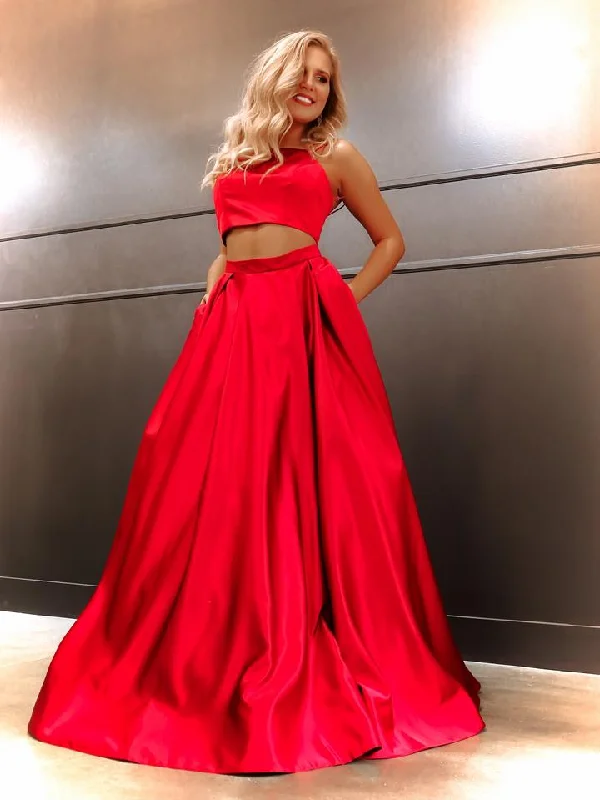 Enjoy Huge Discounts Now!Lovely Red Satin Long A-line Prom Dresses, 2 Pieces Prom Dresses, 2021 Prom Dresses