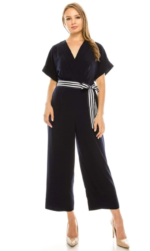 One Day Only – Huge Savings!Maggy London - G4082M Short Sleeve Stripe Belted Capri Jumpsuit