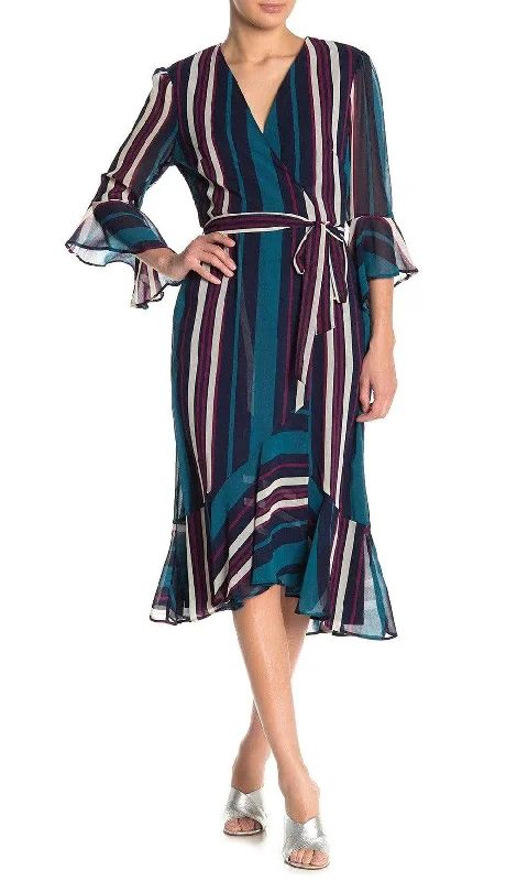 Every Deal is a Steal!Maison Tara - 91116M Tea Length Stripe Wrap Chiffon Dress
