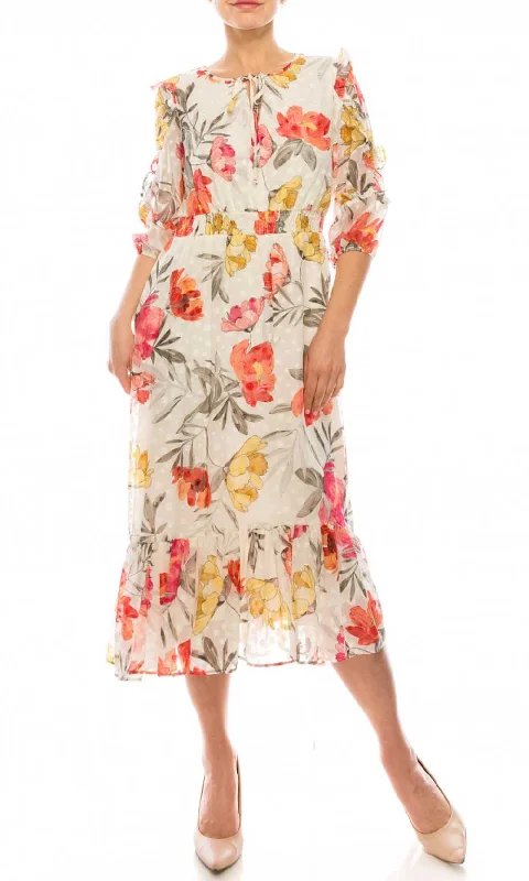 Special Offer – Act Fast!Maison Tara - 95084M Ruffle Trimmed Sleeve Tie Notch A-Line Dress