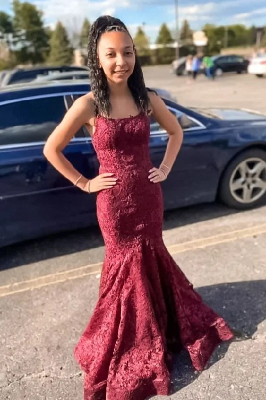 Act Fast – Limited Time Savings!mermaid burgundy lace long prom dress with spaghetti straps        cg23710