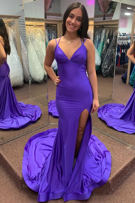 Save More When You Shop More!Mermaid Lace-Up Back Purple Prom Dress with Slit