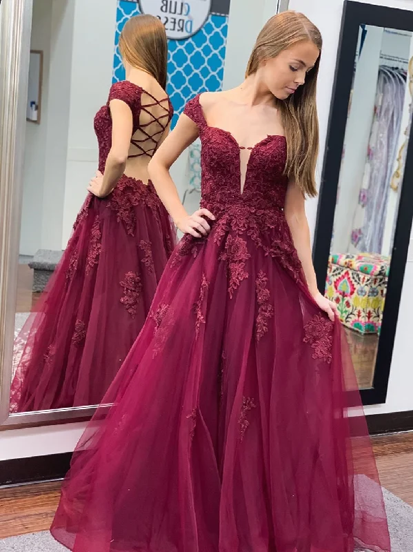Only a Few Left – Order Now!Off Shoulder Long A-line Burgundy Lace Tulle Prom Dresses, Appliques Long Prom Dresses, 2020 Prom Dresses