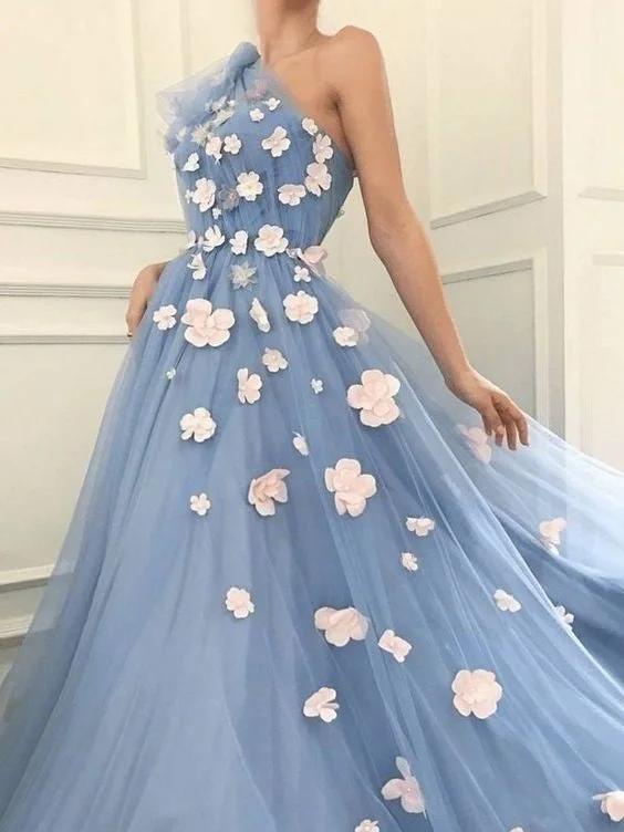 Buy More, Save More!One Shoulder Long A-line Blue Tulle Prom Dresses, 3D Flowers Prom Dresses, 2020 Long Prom Dresses