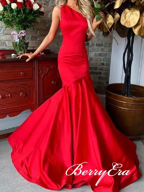 Time to Save Big!One Shoulder Long Mermaid Red Prom Dresses, Satin Prom Dresses, Long Prom Dresses, Affordable Prom Dresses