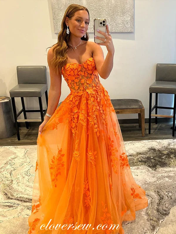 Best Price of the Season!Orange Applique Tulle Strapless A-line Prom Dresses, CP0837