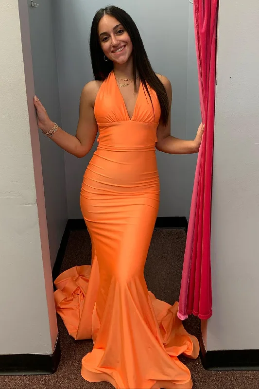 Your Best Deals Are Here!Orange Mermaid Halter Satin Prom Dress