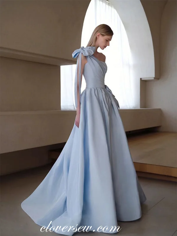 Buy More, Save More!Pale Blue Satin Bowknot One Shoulder Pleating A-line Prom Dresses, CP0850