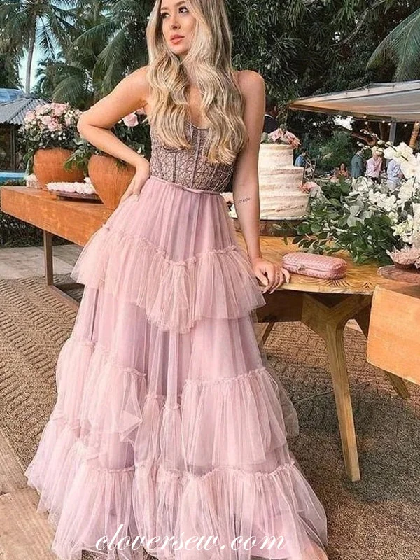 Best Offers of the Month!Pink Tulle Tiered A-line Spaghetti Strap Sweetheart Fashion Prom Dresses, CP0873