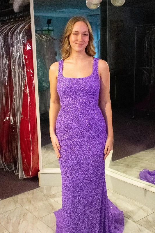 Get It Before It’s Gone!Purple Mermaid Square Neck Long Sequined Prom Dress