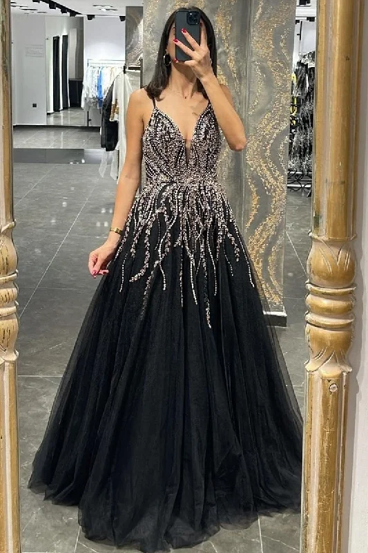 Buy More, Pay Less!Radial Rhinestones Black Prom Dresses with Tulle Skirt