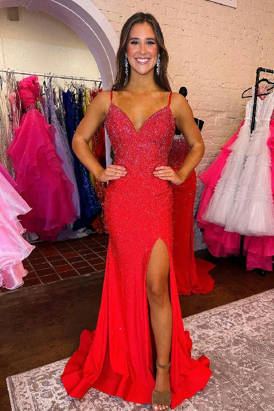 Snag the Best Prices Now!Red Beaded Prom Dress with Slit