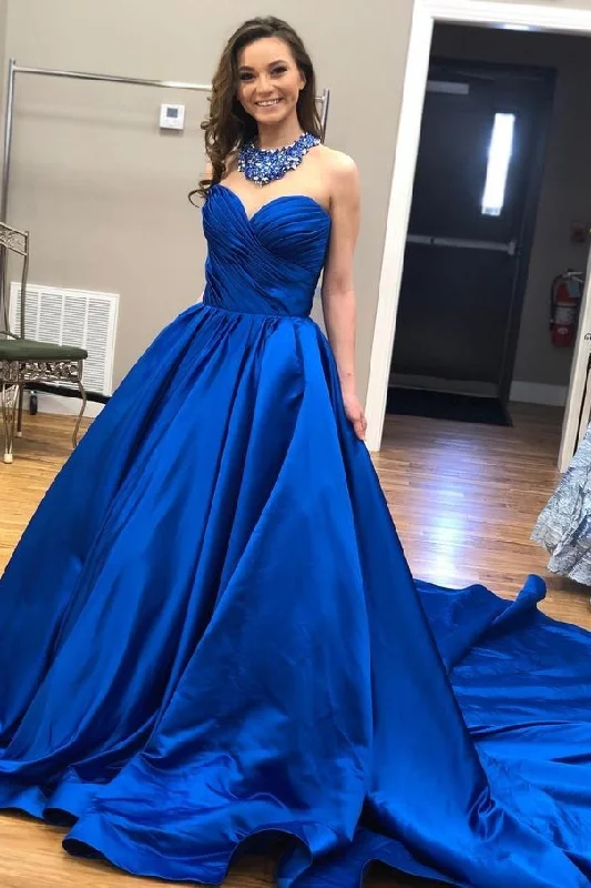 Incredible Savings Inside!Royal Blue Satin Prom Dresses with Ruched Sweetheart Bodice