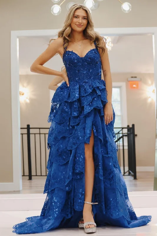 Bigger Savings, Better Shopping!Royal Blue Sequins Tiered Prom Dress with Slit