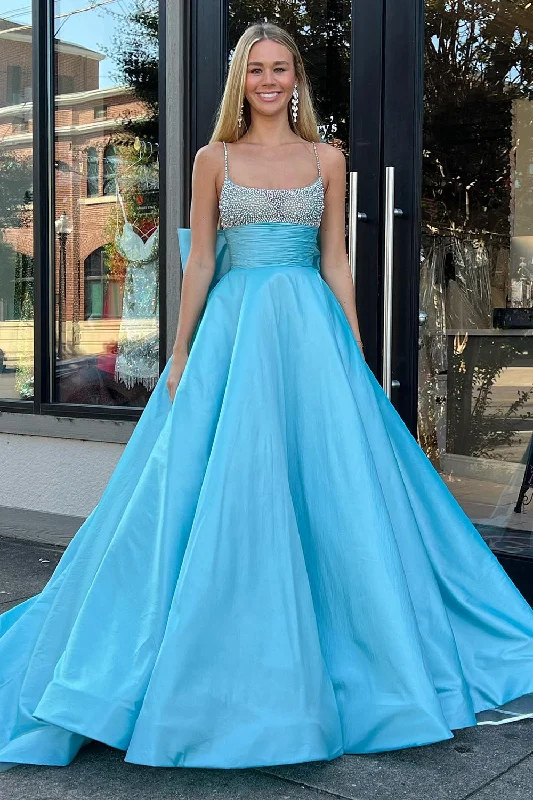 Get Ready to Save!Satin Beaded Blue Prom Dress with Bowknot