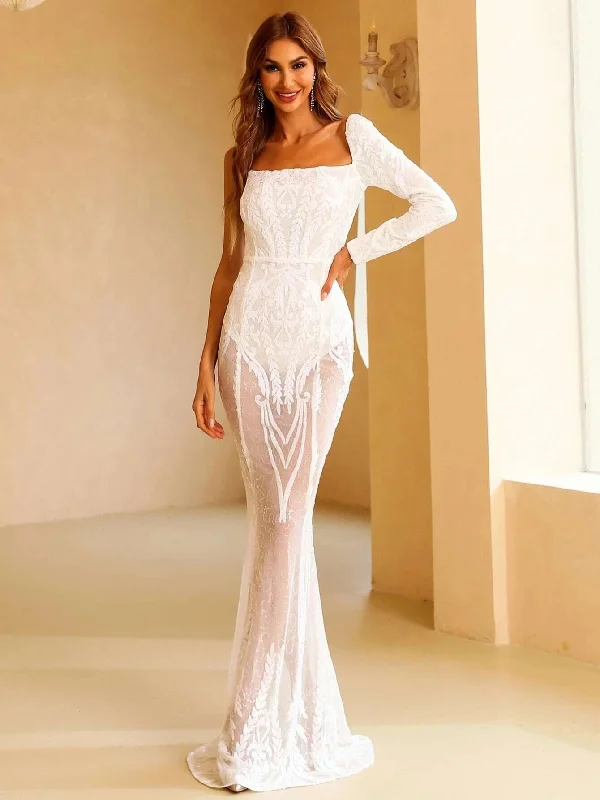 Lowest Prices Guaranteed!See-through Square Neck Long Sleeve Evening Dress XJ281