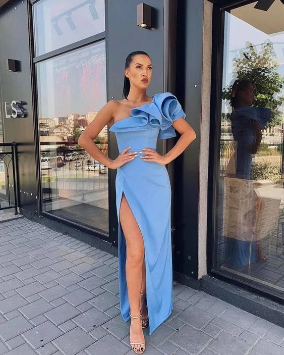 Shop Smart, Save Big!Sheath One Shoulder Blue Satin Ruffled Shoulder Slit Evening Dresses, Prom Party Dresses        cg23691