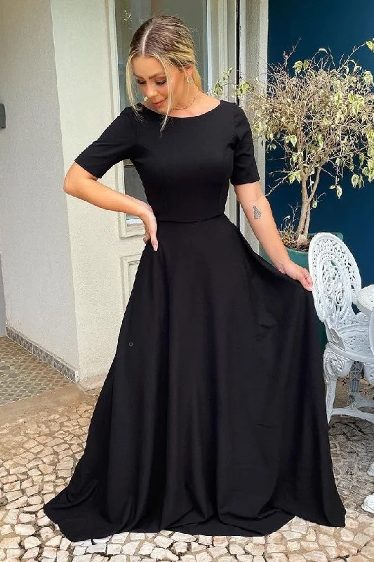 Shop More, Spend Less!Short Sleeves Black Evening Dress with Scoop Neck