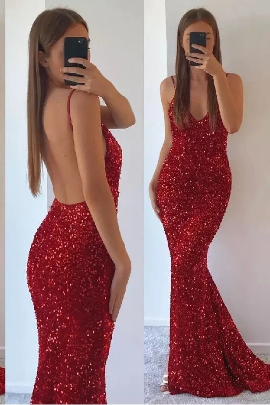 Flash Sale – Act Fast!Slim Red Sequin Prom Dress with Open Back
