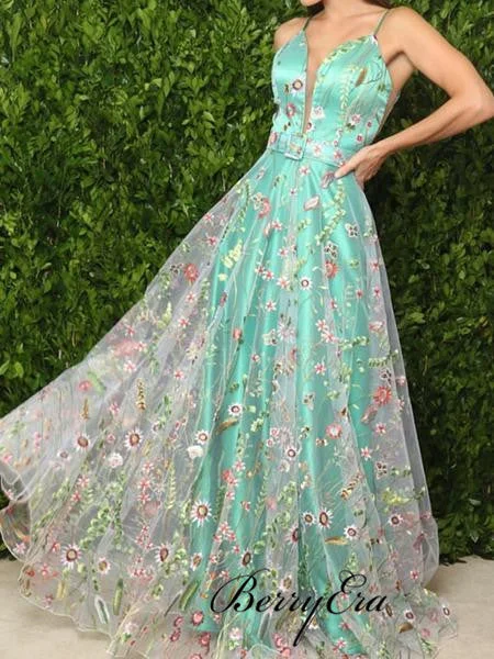 Limited Stock Available!Spaghetti A-line Floral Long Prom Dresses, Newest Prom Dresses
