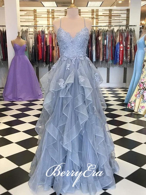 Best Price of the Season!Spaghetti Long A-line Lace Tulle Prom Dresses, Newest Prom Dresses