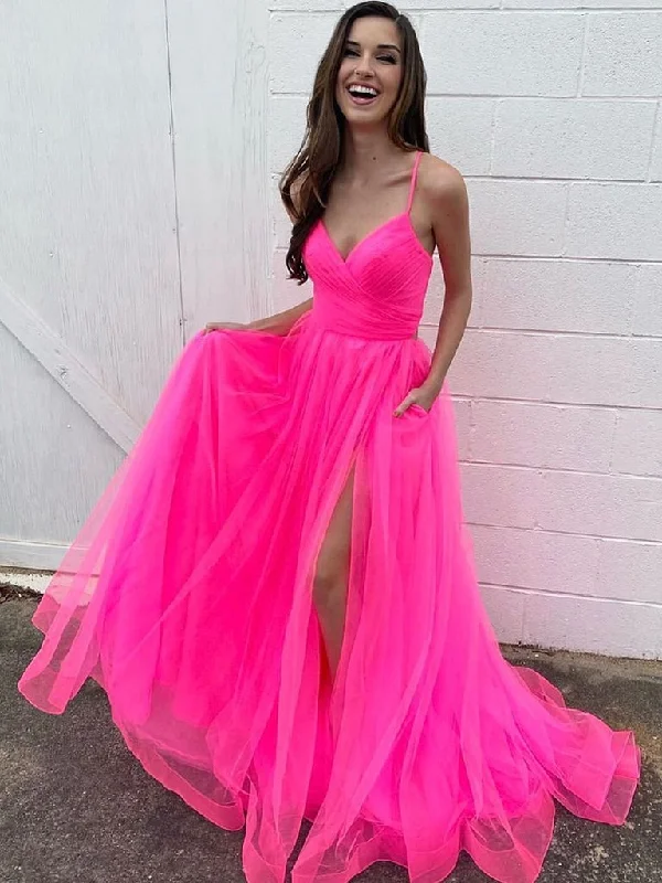 Great Deals, Just for You!Spaghetti Long A-line Pink Tulle Prom Dresses, Side Slit Prom Dresses, Hot Pink 2020 Prom Dresses