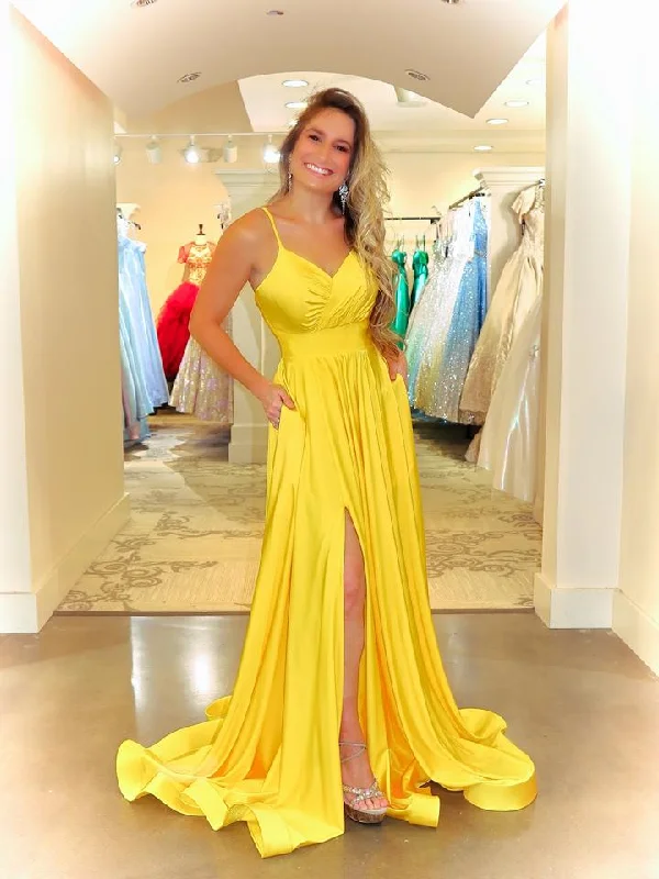 More Discounts, More Joy!Spaghetti Long A-line Yellow Elastic Satin Prom Dresses, Simple 2021 Prom Dresses, Popular Prom Dresses