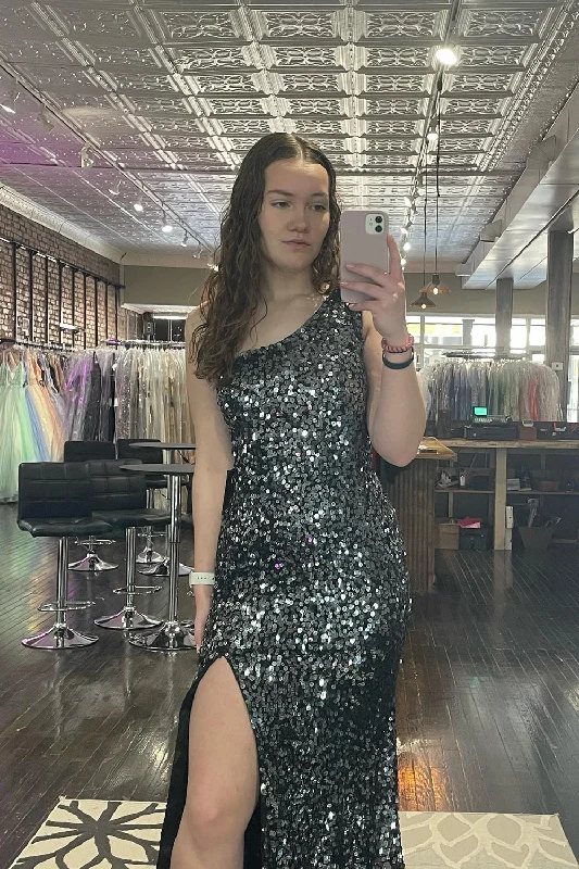 Buy More, Pay Less!Sparkly Black One Shoulder Mermaid Long Prom Dress With Slit