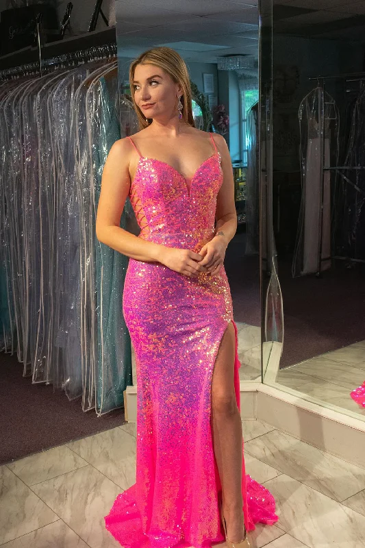 Special Discounts Inside!Sparkly Fuchsia Mermaid Long Sequined Prom Dress With Slit