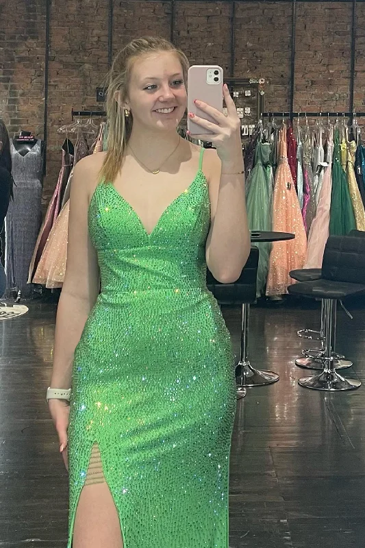 The Best Deals Won’t Wait!Sparkly Green Mermaid Spaghetti Straps Long Prom Dress With Slit