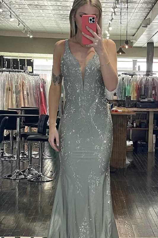 Limited Edition, Limited Price!Sparkly Grey Mermaid Backless Long Prom Dress With Sequins