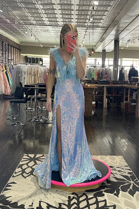 Your Favorite Items on Sale Now!Sparkly Light Blue Mermaid Backless Long Feathered Prom Dress With Slit