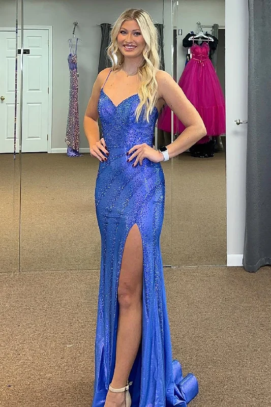 Save Up to 50% Off!Sparkly Mermaid Royal Blue Prom Dress with Slit