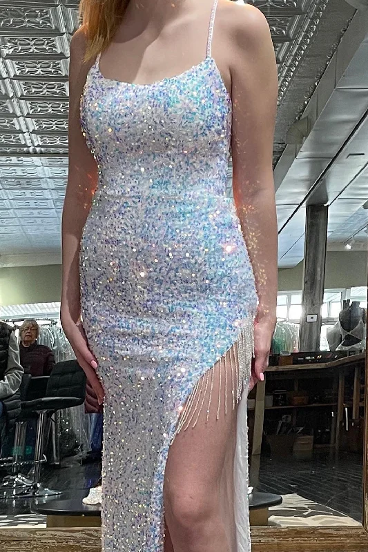 Get It Before It’s Gone!Sparkly White Mermaid Long Prom Dress With Fringed Slit