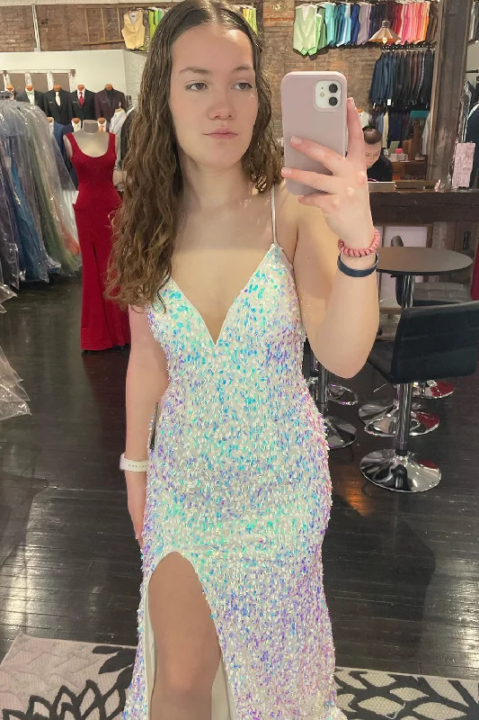 Get More, Spend Less – Shop Now!Sparkly White Mermaid V Neck Long Prom Dress With Slit
