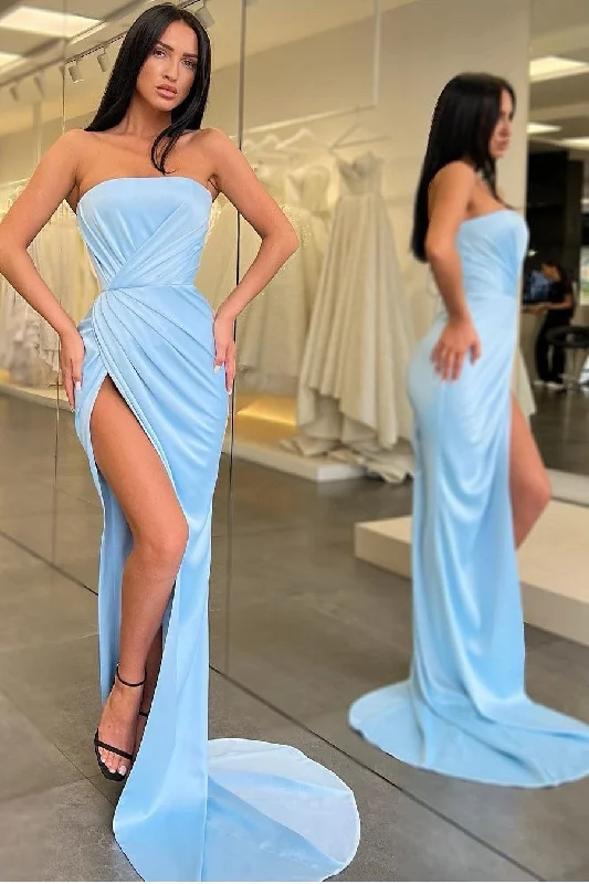 Time to Save Big!Strapless Sky-blue Prom Gown with Ruched Bodice