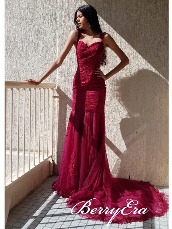 Your Dream Deal is Here!Straps Burgundy Long Prom Dresses. Mermaid Lace Tulle Prom Dresses, Popular Prom Dresses