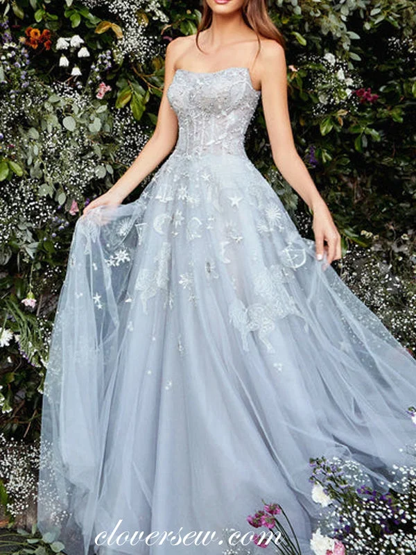 Buy More, Save More!Stunning Embroidery Tulle Strapless A-line Charming Porm Dresses, CP0872